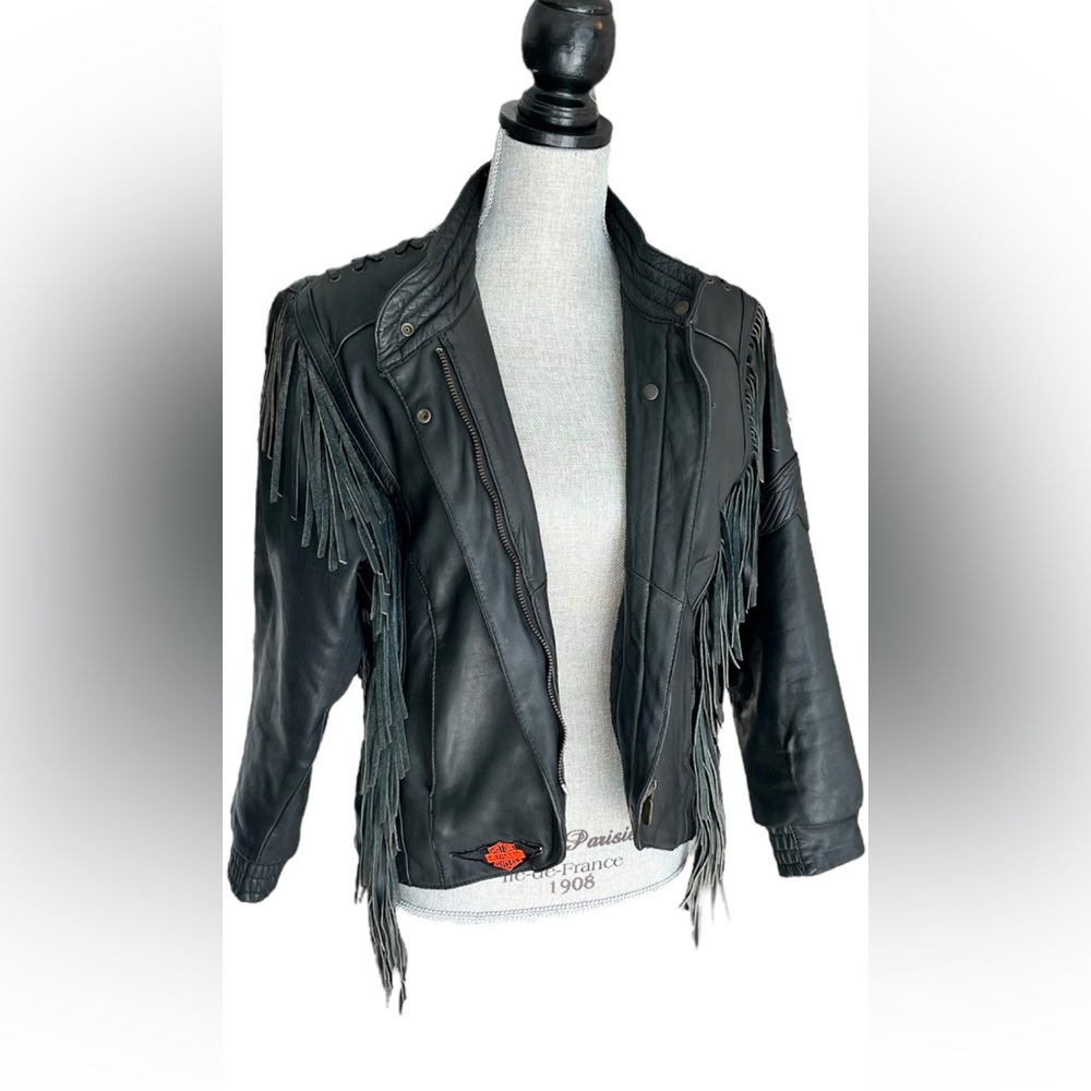 Vintage Harley Davidson Women Leather Fringe Jacket Black SZ Medium (38) USA